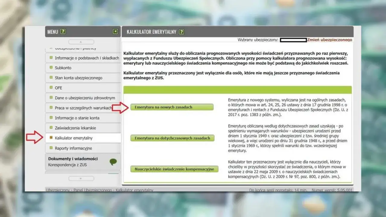 Kalkulator emerytalny pozwala sprawdzić, jak obliczyć emeryturę. Na ekranie widać menu z opcjami, w tym 