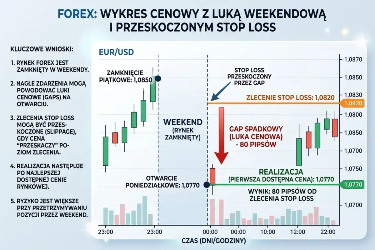 Wykres EUR/USD pokazuje lukę cenową po weekendzie, która przeskoczyła zlecenie stop loss. Rynek Forex i dźwignia finansowa niosą ryzyko.