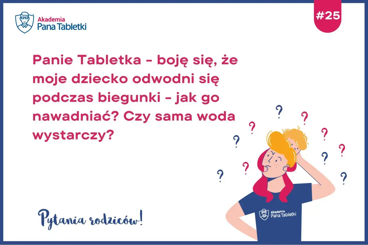 Zmartwiona mama pyta o objawy odwodnienia u dziecka podczas biegunki i jak je nawadniać. Czy sama woda wystarczy?