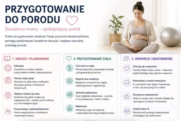 Kobieta w ciąży przygotowuje się do porodu, poznając wiedzę, ćwicząc ciało i budując wsparcie. Różne fazy porodu wymagają świadomego podejścia.
